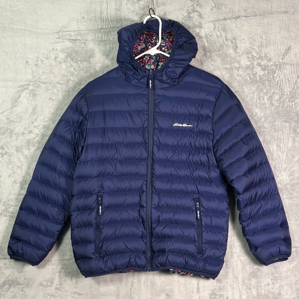 Eddie Bauer Dark Purple Down Filled Puffer Jacket Coat Floral Size XL Kids (16)